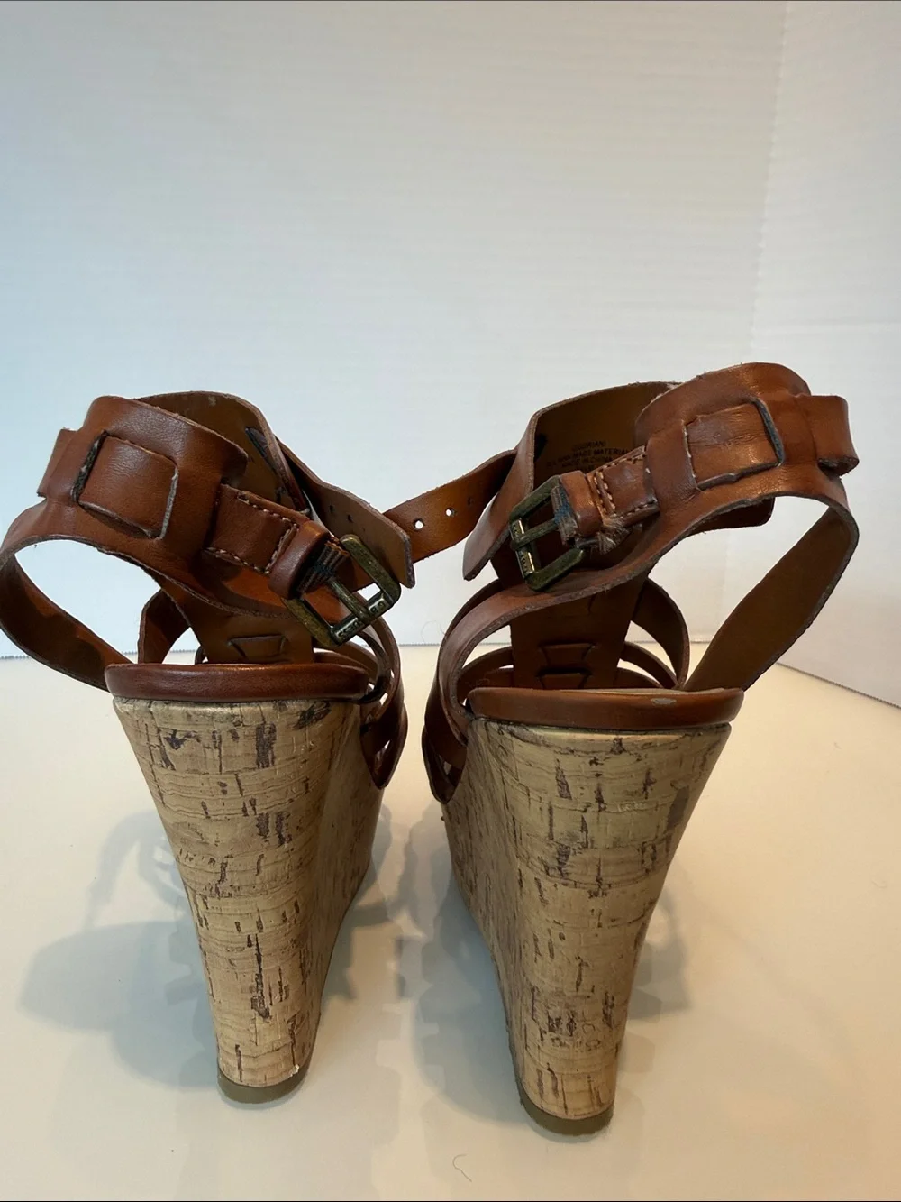 G by Guess Brown Strappy Cork Wedge Sandals with Ankle Buckle